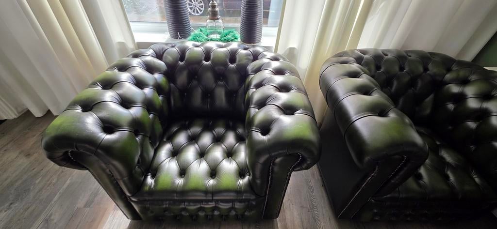 Mooie Chesterfield fauteuil - Groen leer, Ophalen, Gebruikt, Chesterfield, 75 tot 100 cm
