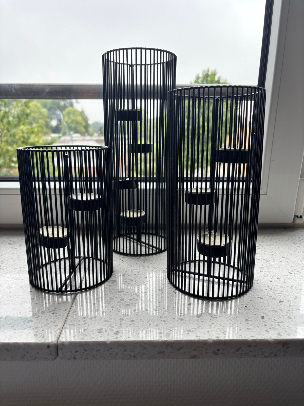 Set van 3 zwarte metalen windlichten/kandelaars, Ophalen, Windlicht, Zo goed als nieuw, Metaal
