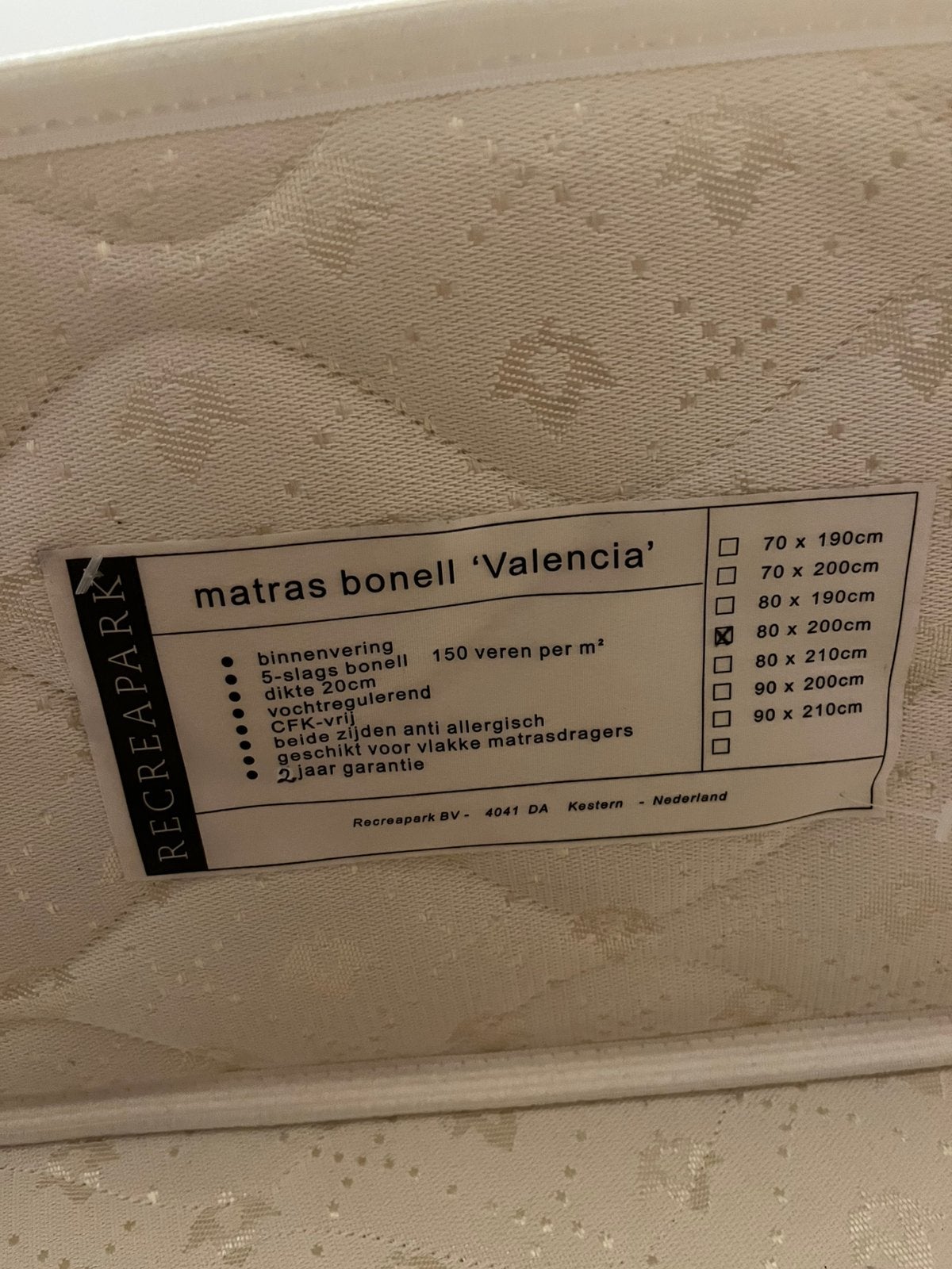 Matras Valencia 2 x 80 bij 200, Ophalen, Zo goed als nieuw, Eenpersoons, 80 cm