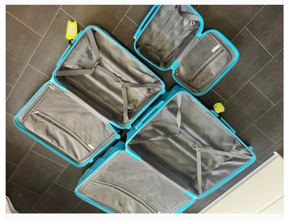 Complete set van 3 turquoise koffers met wieltjes, Sieraden, Tassen en Uiterlijk, Koffers, Hard kunststof, 45 tot 55 cm, Slot