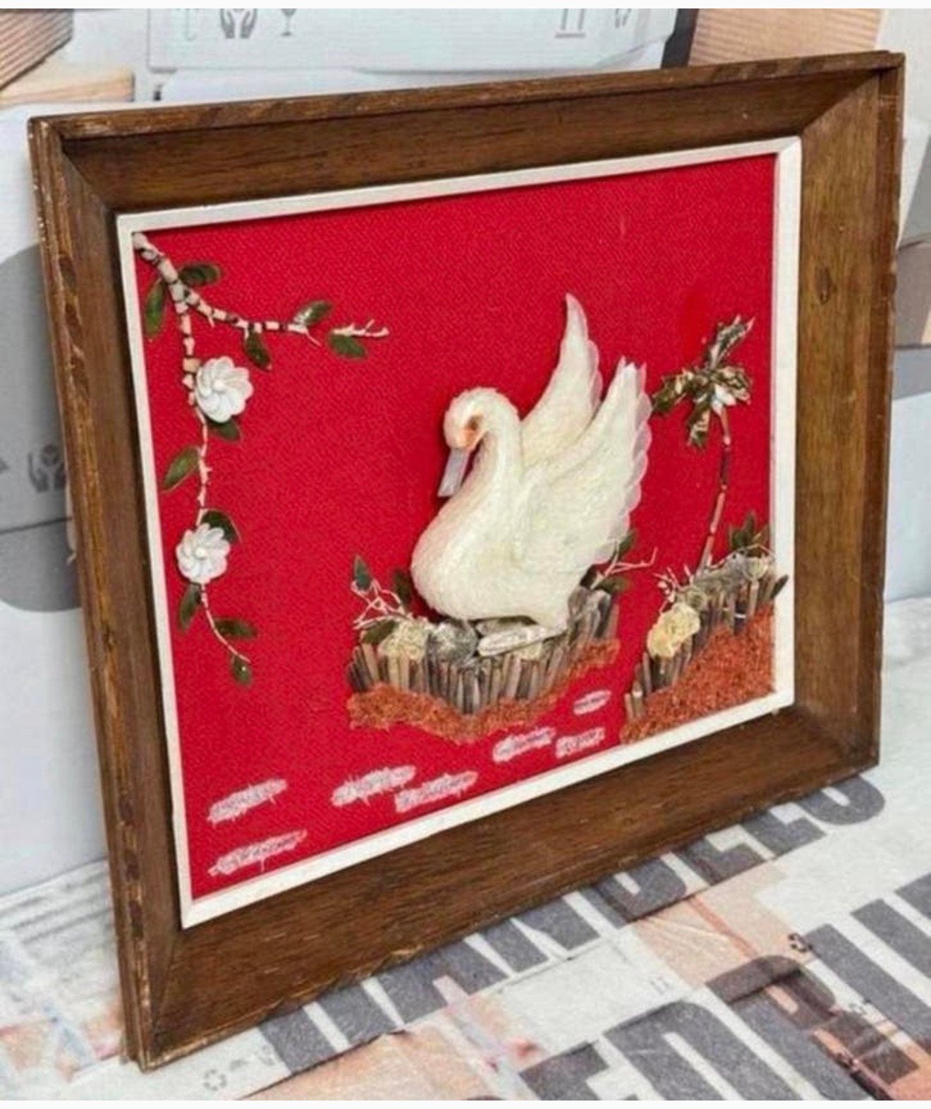 Mooi 3D vintage Zwaan kunstwerk art kunst in houten lijst, Ophalen of Verzenden