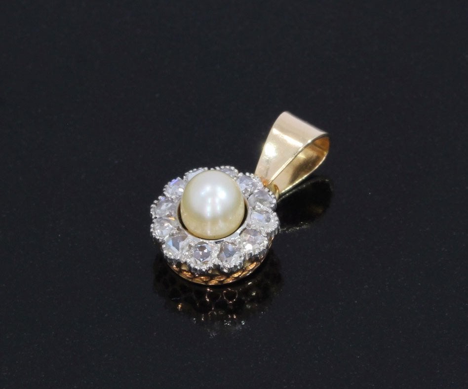 Art Deco diamanten parel 14k ketting hanger goud antiek, Ophalen of Verzenden, Goud, Hanger, Met edelsteen