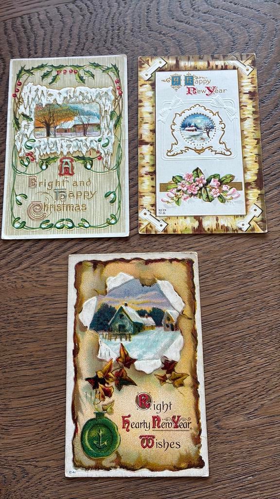 Kerstmis/Nieuwjaar. 3 mooie reliefkaarten.Landschapje,sneeuw, Ophalen of Verzenden, Voor 1920