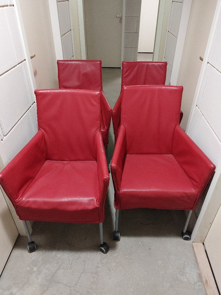 4 rode lederen eetkamerstoelen, Huis en Inrichting, Stoelen, Ophalen, Gebruikt, Leer, Vier