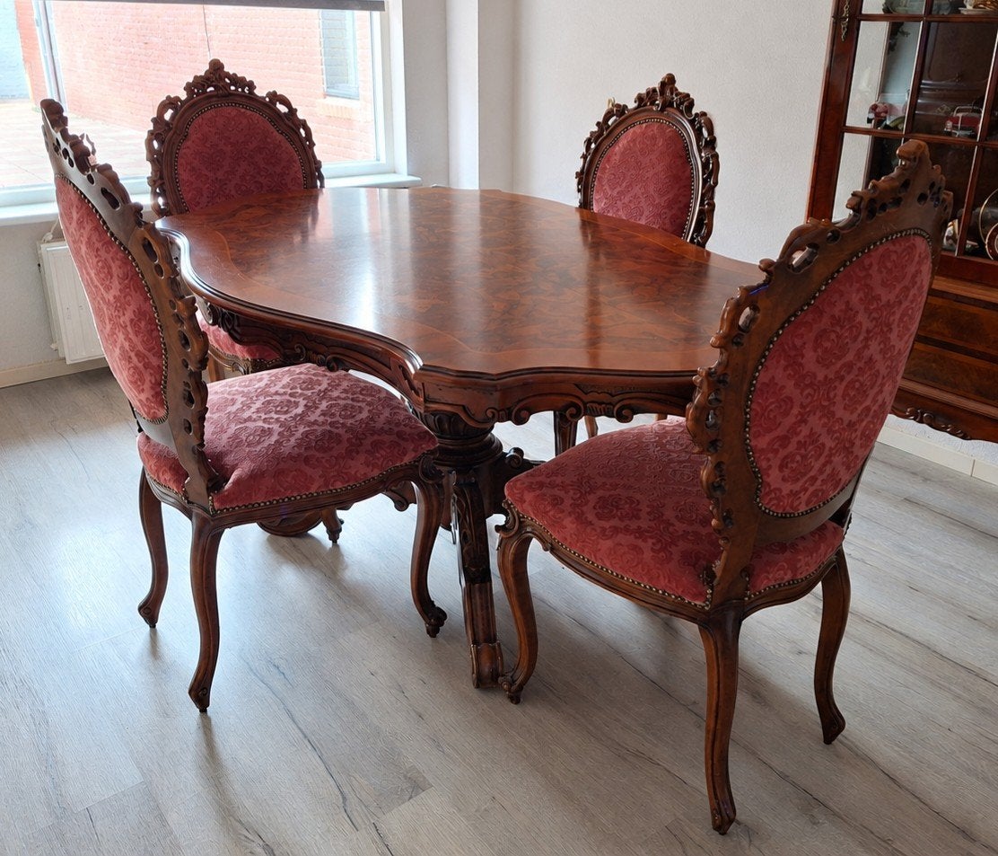 Antieke barokke Eetkamerset: Tafel en 4 Stoelen, Ophalen