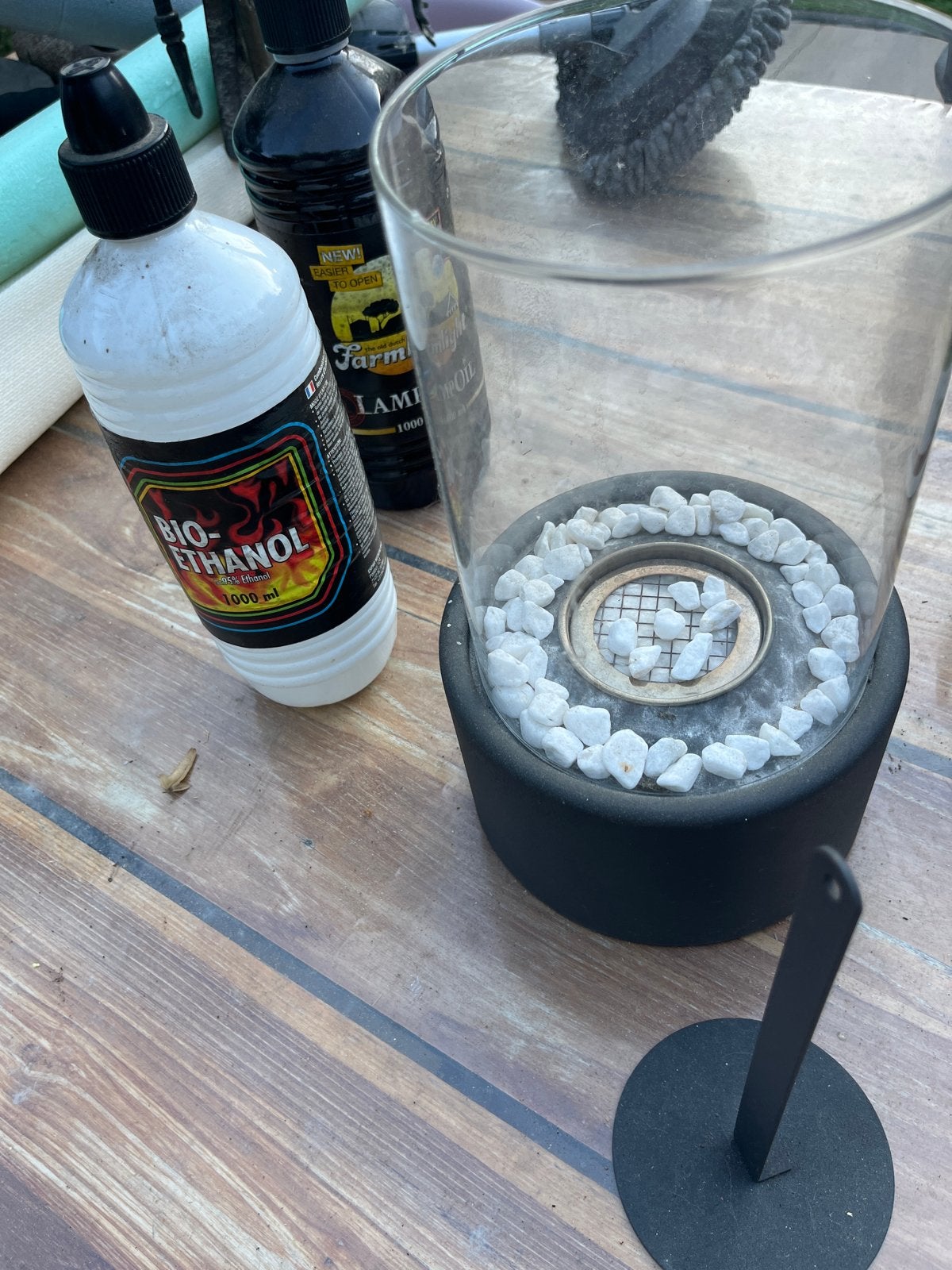 Bio-ethanol tafelhaard met glas en decoratieve stenen, Ophalen, Gebruikt, Zwart, Glas