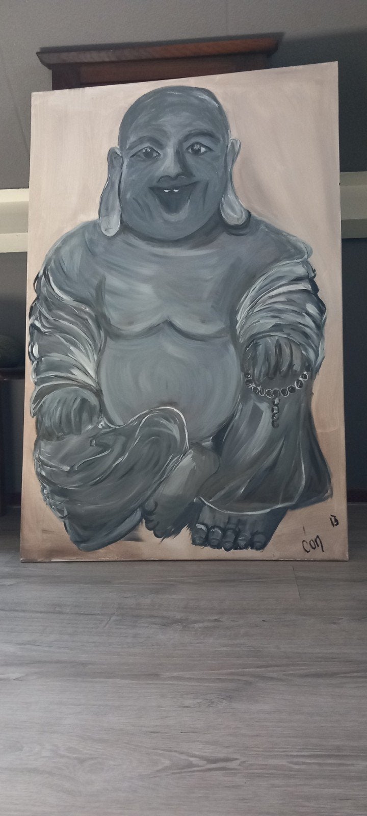 Lachende boedha, Ophalen of Verzenden, Schilderij, Minder dan 50 cm