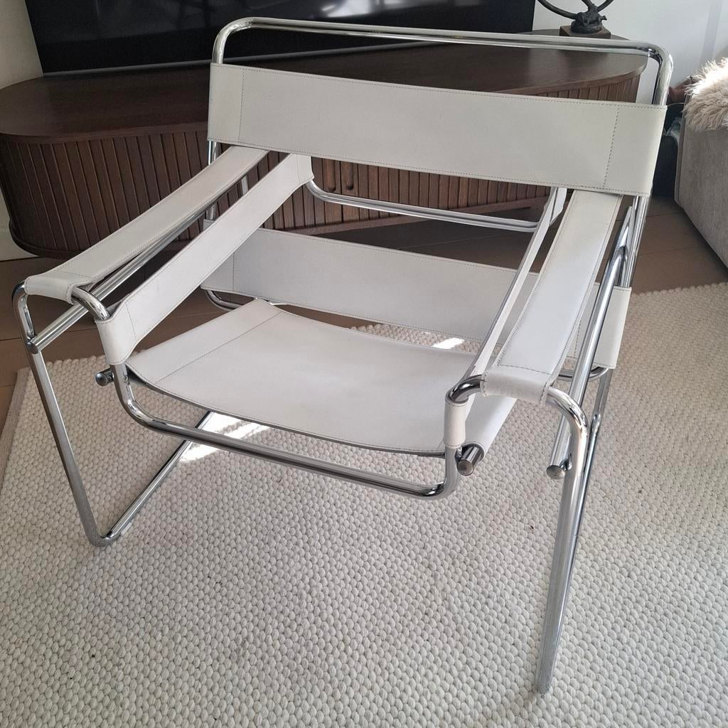 Vintage Knoll Wassily Chair replica ivoor wit leren fauteuil, Ophalen