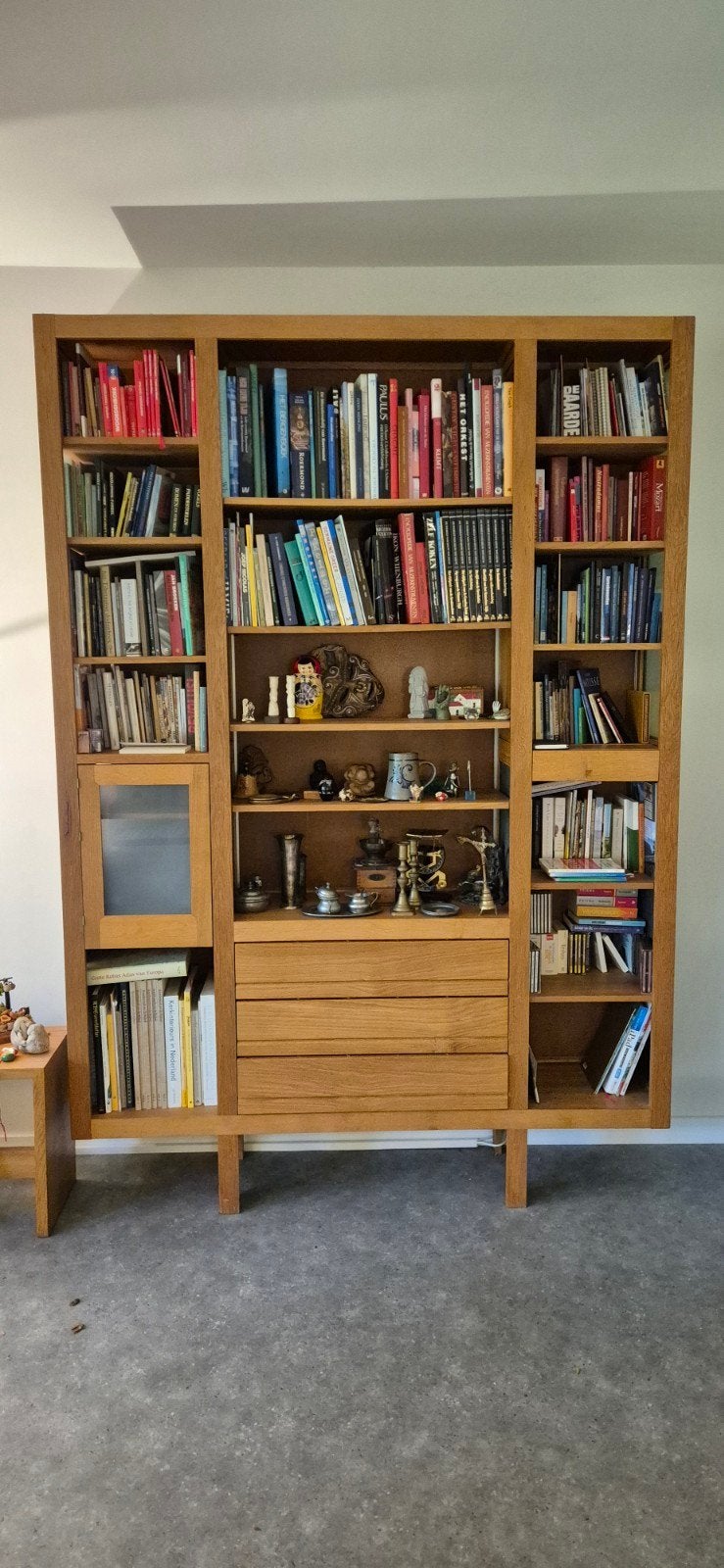 Massief eikenhouten boekenkast met lades en deuren, Ophalen, Eikenhout, 200 cm of meer, 150 tot 200 cm