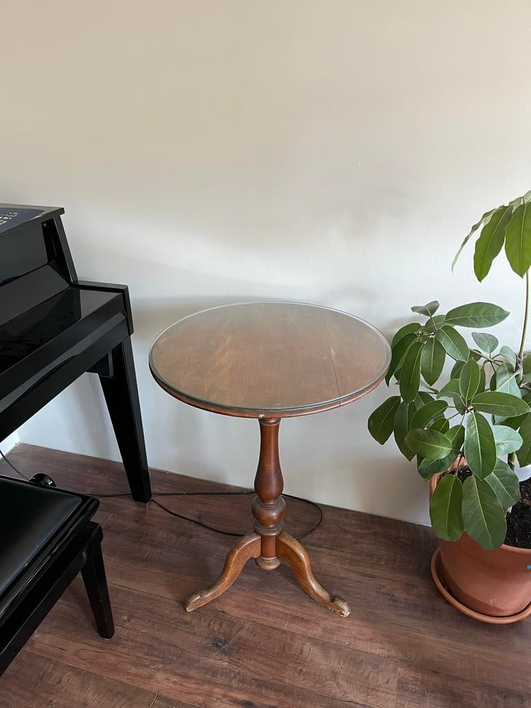 Rond Biedermeier tafeltje met glasplaat - 60cm, Antiek en Kunst, Ophalen