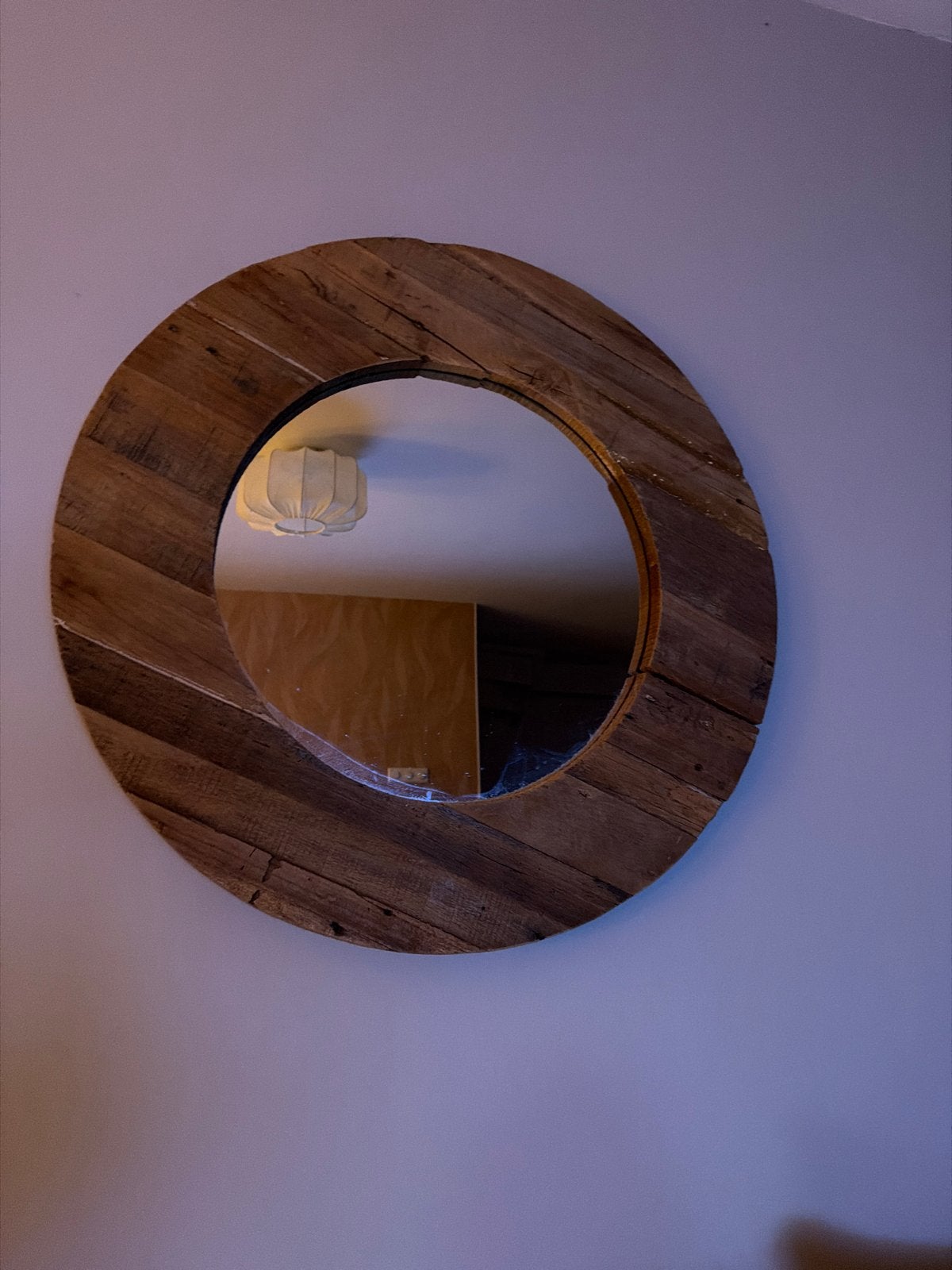 Grote ronde landelijke spiegel met houten frame, Ophalen, Gebruikt, Rond, 75 tot 100 cm