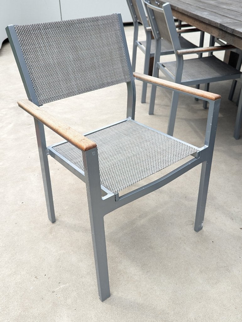 Bois le Duc stapelbare aluminium tuinstoelen grijs/teak 8x, Ophalen, Gebruikt, Aluminium, Stapelbaar