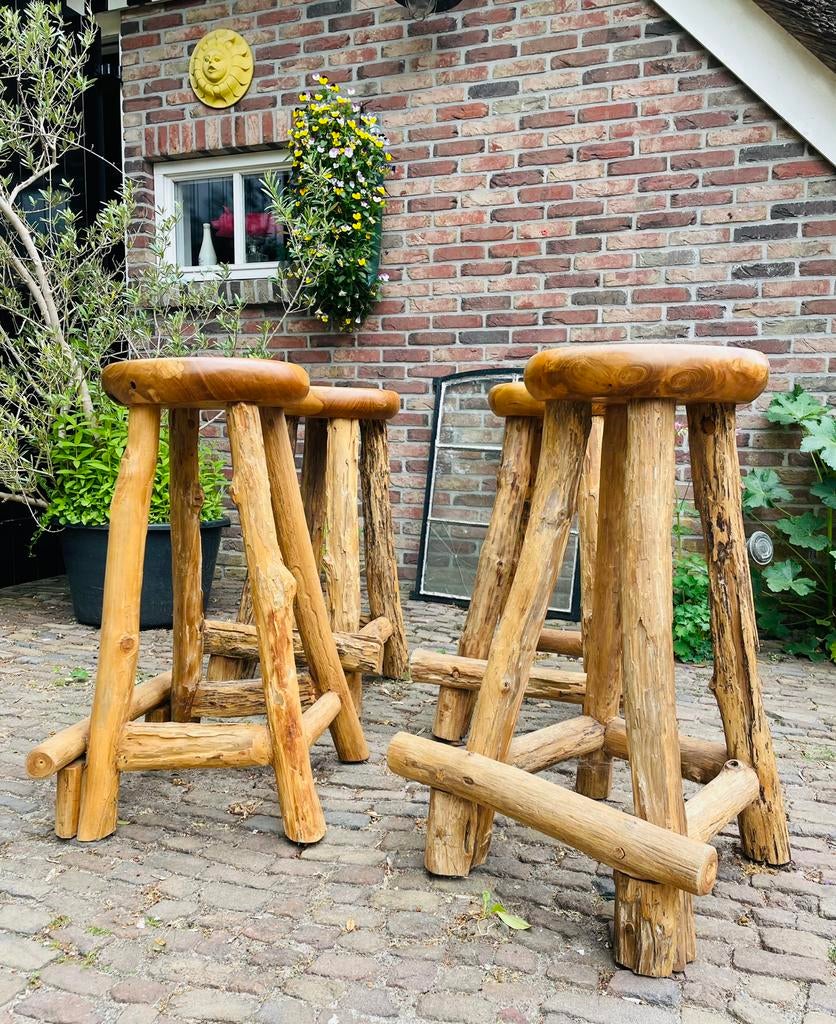 Robuuste zware houten Barkrukken van Teakhout, Huis en Inrichting, Barkrukken, Ophalen, 5 krukken of meer, Met voetsteun, 60 tot 90 cm