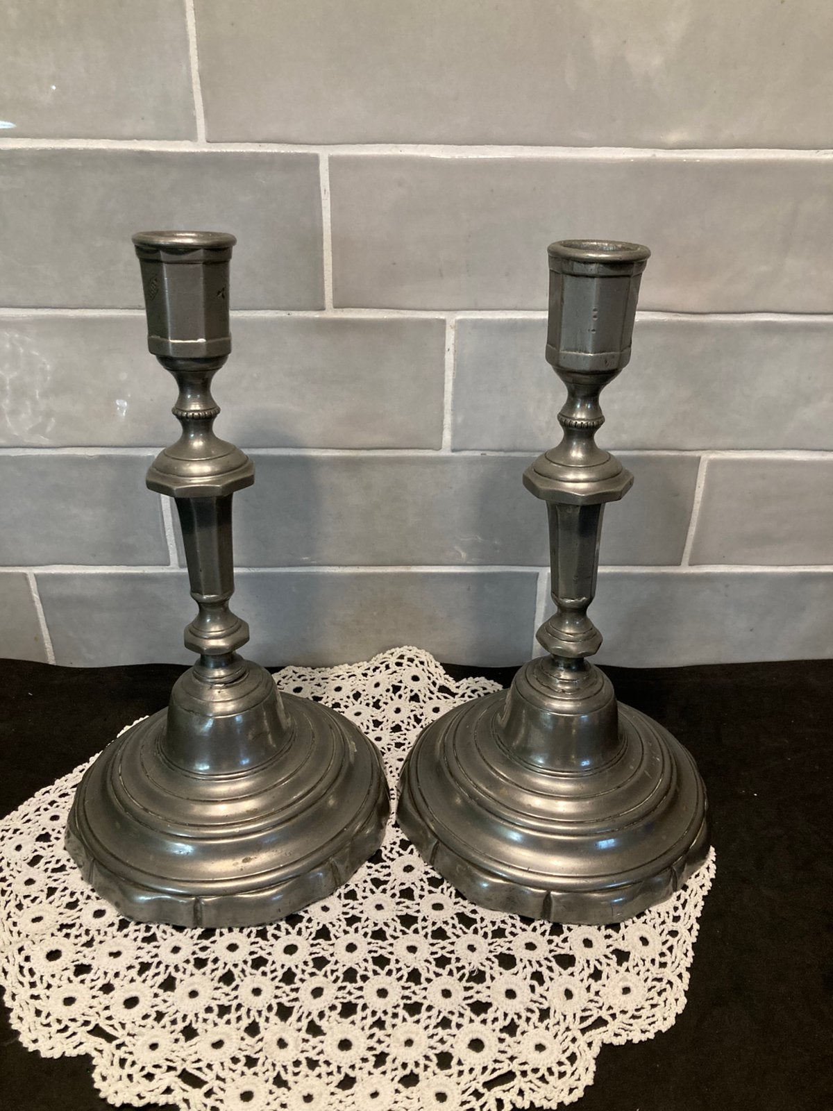 Set Franse antieke tinnen kandelaars (240326), Ophalen of Verzenden