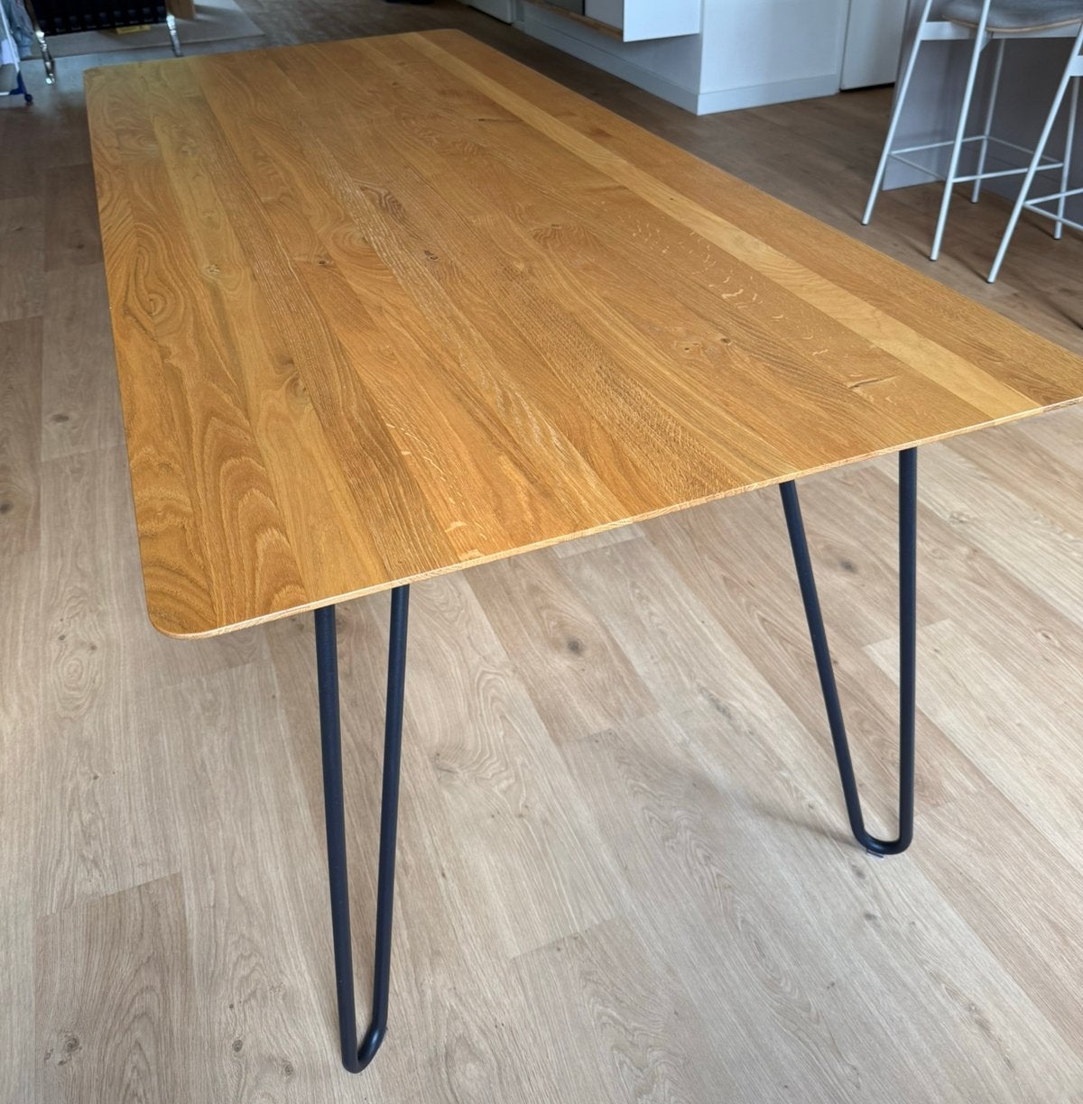 Seuren Eikenhouten Eettafel 210x90 cm met Hairpin Poten, Ophalen, Gebruikt, Eikenhout, 200 cm of meer