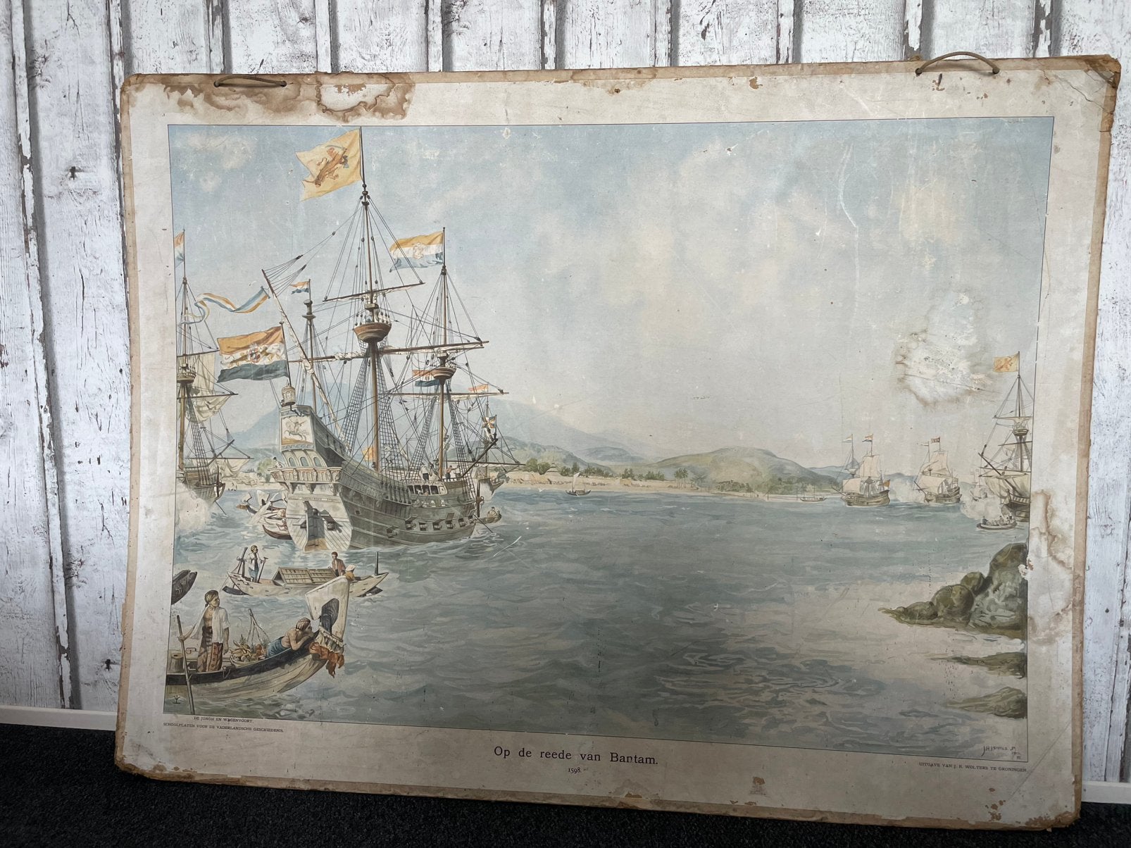 Schoolplaat Op de reede van Bantam, Antiek en Kunst, Antiek | Schoolplaten, Ophalen, Geschiedenis