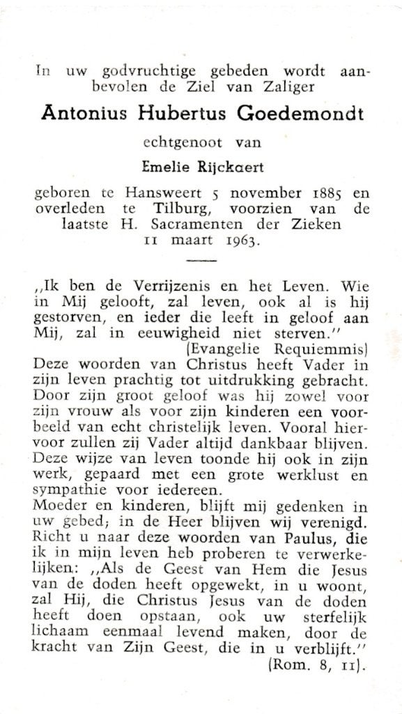 Goedemondt Antonius 1885 Hansweert 1963 Tilburg, Ophalen of Verzenden, Bidprentje