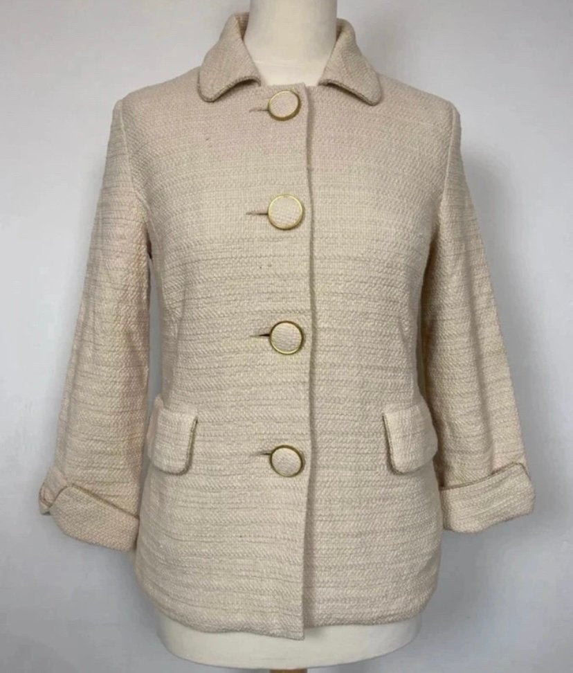 Caroline Biss jas – crème – maat 38 – bouclé – gouden knopen, Kleding | Dames, Maat 38/40 (M), Verzenden, Beige, Zo goed als nieuw