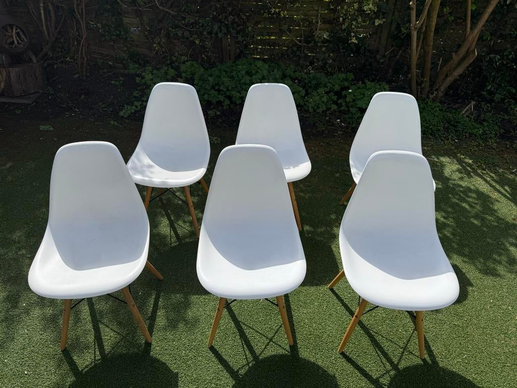 6 witte kuipstoelen - gebruikt, Ophalen, Kunststof, Gebruikt, Wit