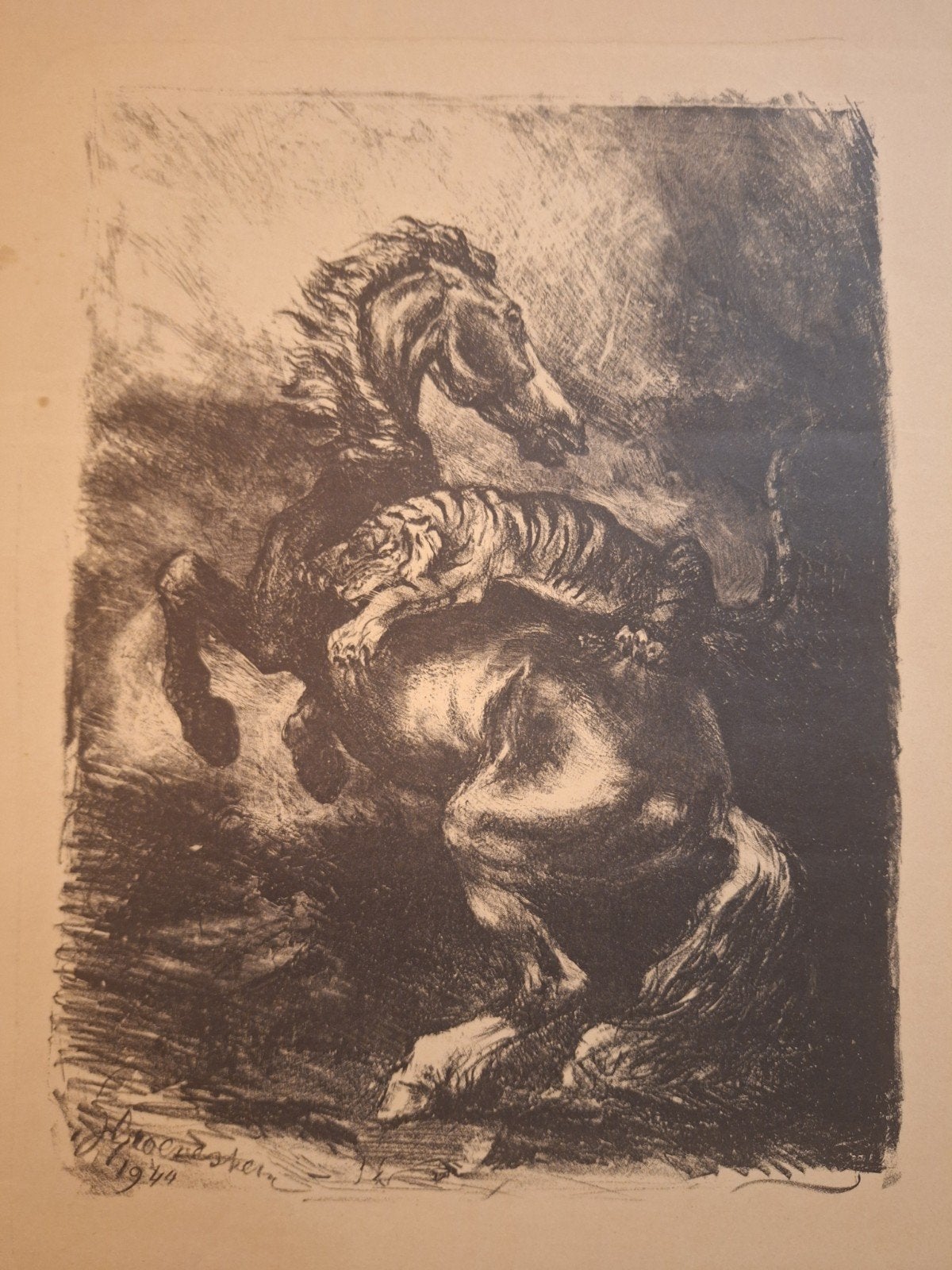 Lithografie Paard en Tijger - Gesigneerd 1944, Ophalen of Verzenden