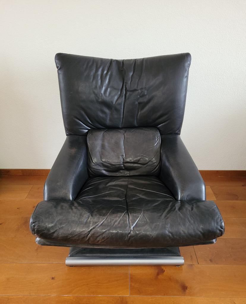 Rolf Benz Fauteuil 6500 - Zwart Leder, Ophalen, Gebruikt, 75 tot 100 cm, 50 tot 75 cm