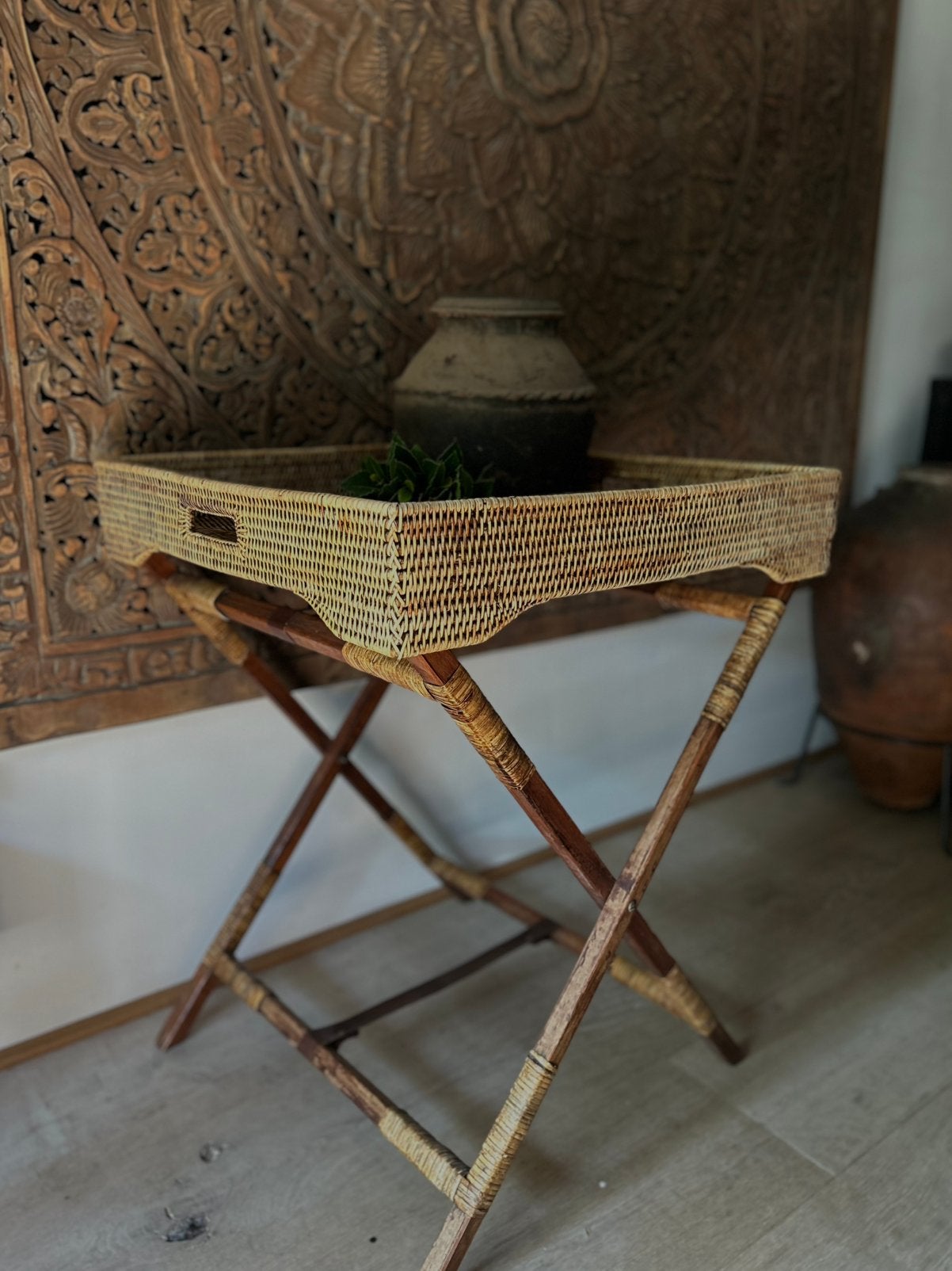 Birma Myanmar butler tray bijzettafel birma riet., Ophalen, Zo goed als nieuw, Rechthoekig, Minder dan 55 cm