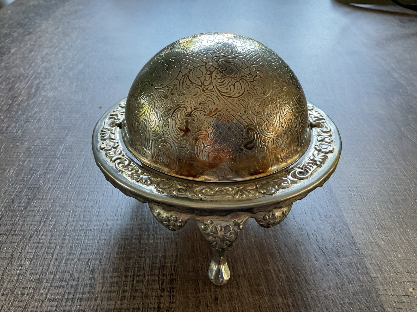 Antieke verzilverde botervloot met gravures, Antiek en Kunst, Antiek | Goud en Zilver, Ophalen of Verzenden