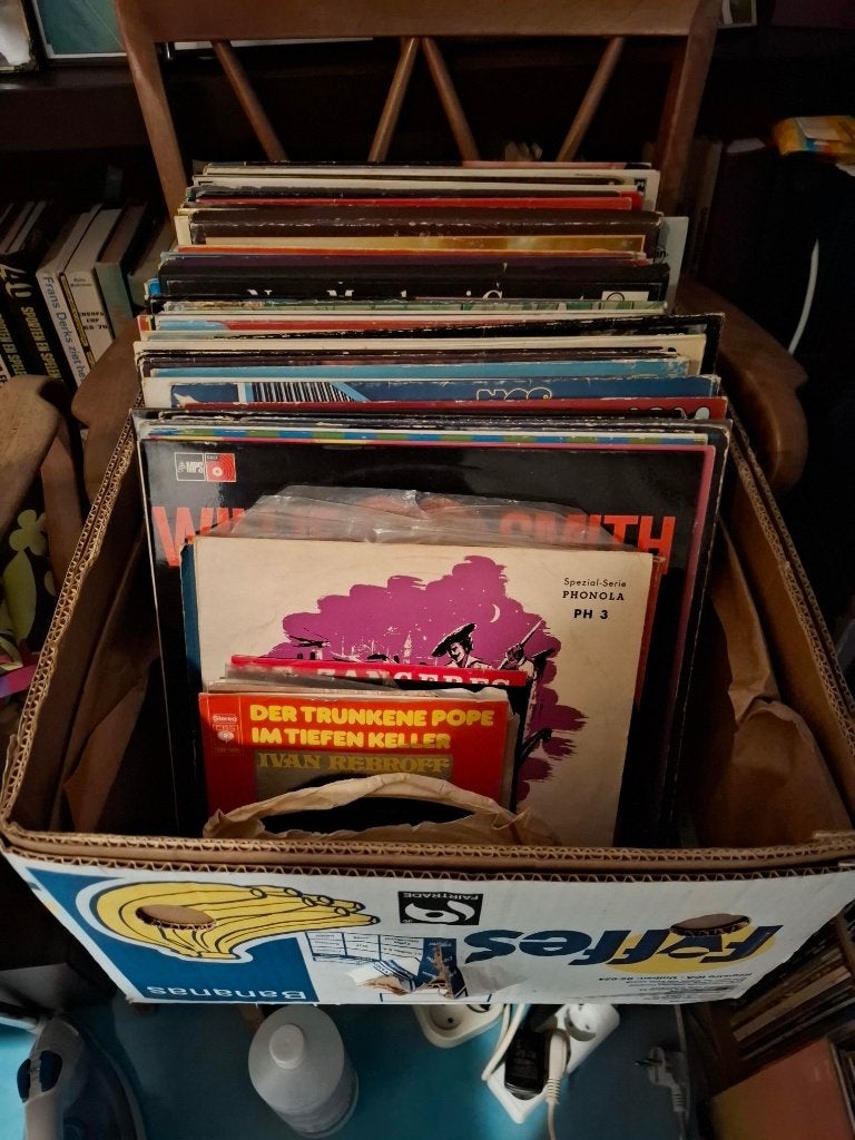 Doos met ong. 100 LP's, de jaren 60 tot eind jaren 80., Cd's en Dvd's, Ophalen, Gebruikt, Overige formaten