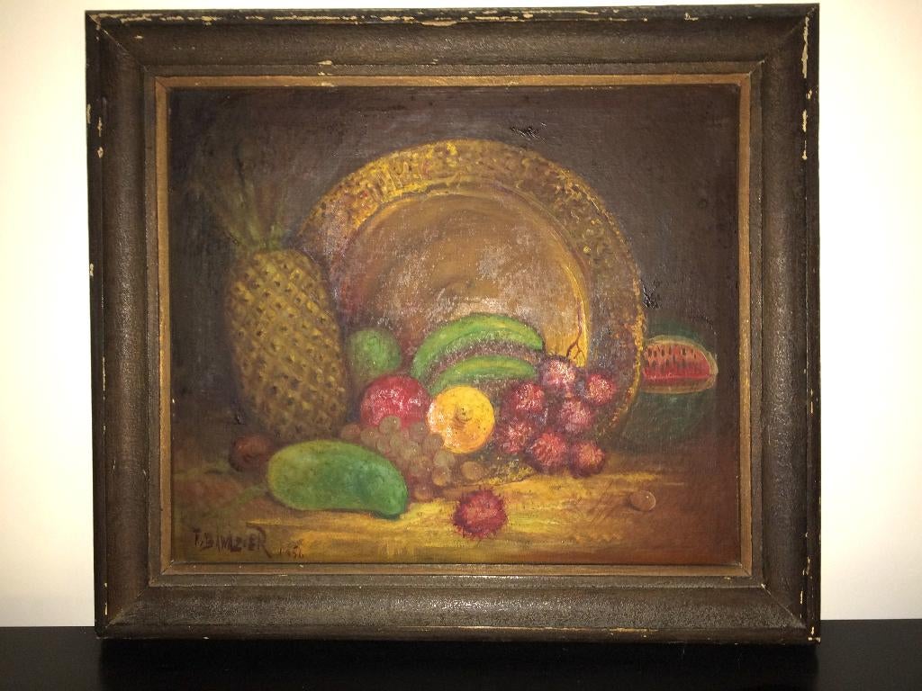 Antieke stilleven met fruit en schaal (1956) 56x49cm, Antiek en Kunst, Kunst | Schilderijen | Klassiek, Ophalen of Verzenden
