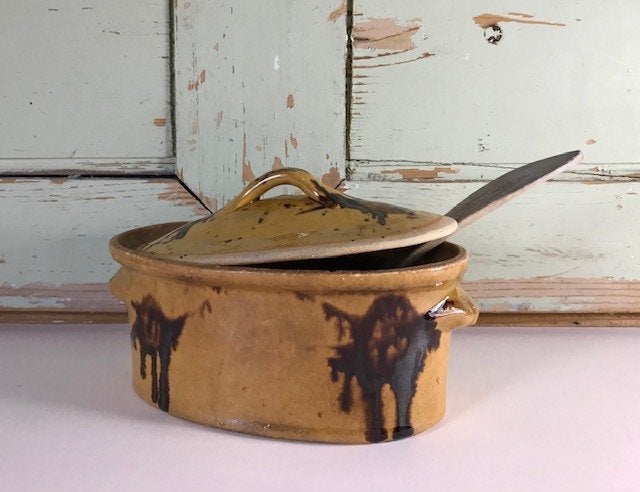 Ambachtelijke Franse paté terrine oker bruin gevlamd, Antiek en Kunst, Ophalen of Verzenden