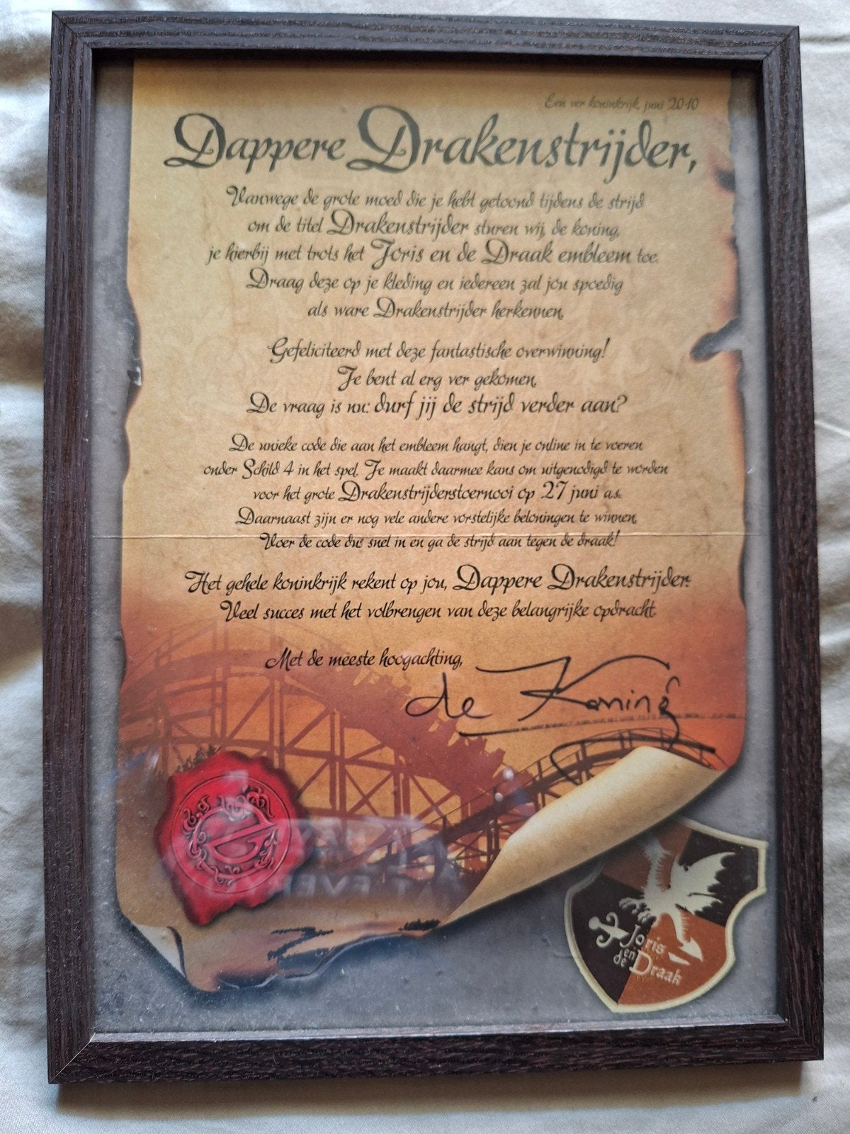 Ingelijste Oorkonde Dappere Drakenstrijder Joris en de Draak, Verzamelen, Efteling, Ophalen of Verzenden, Zo goed als nieuw