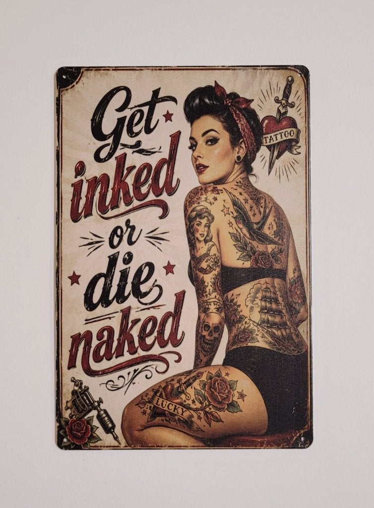 Gek inked or die naked reclamebord van metaal wandbord deco, Info@deconoord.nl, Deco Noord, Nieuw, Ophalen of Verzenden