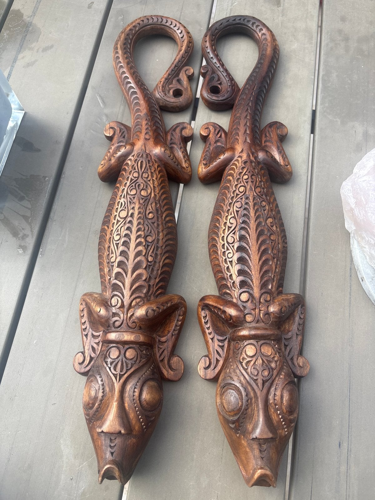 Set van 2 handgesneden houten salamanders, Ophalen, Overige onderwerpen, 50 - 100 cm, Handgemaakt