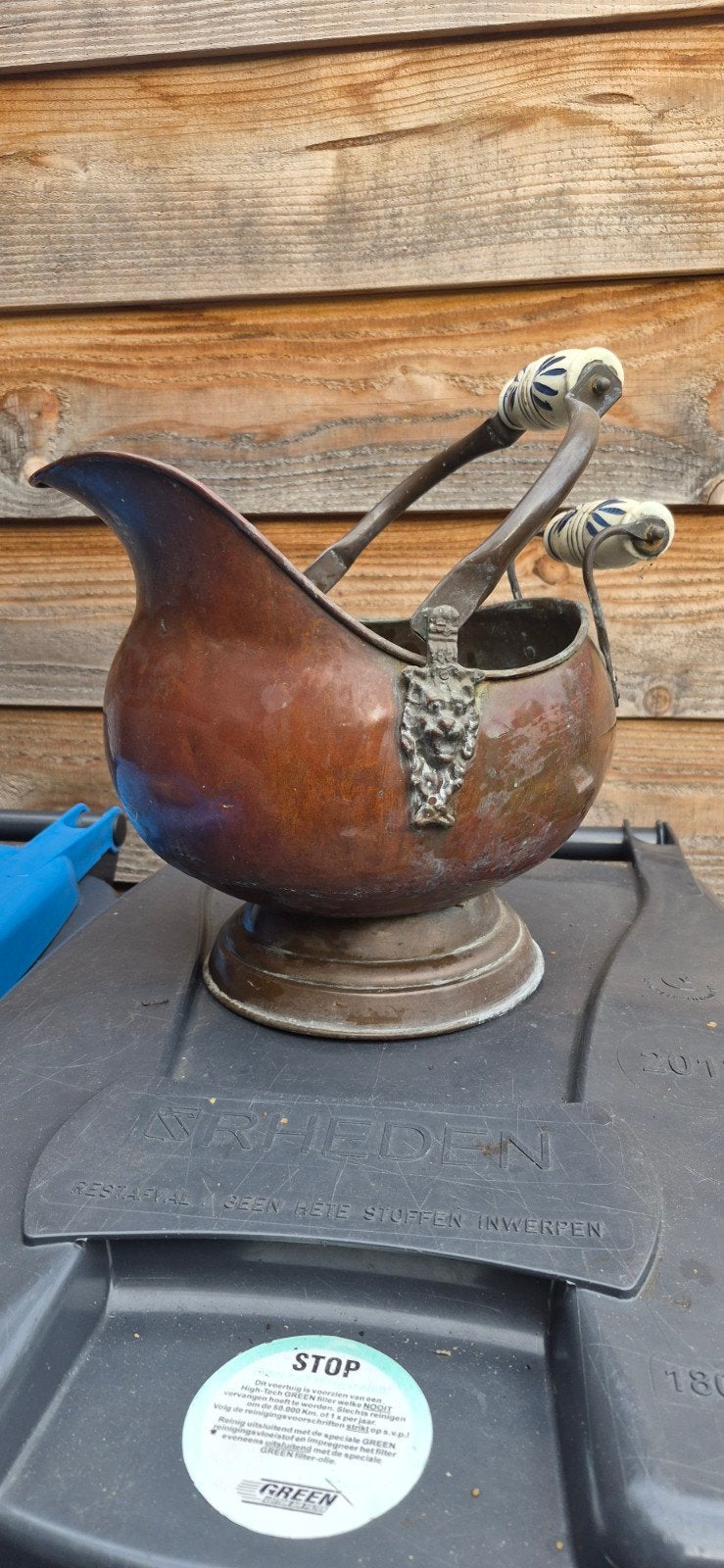 Antieke Koperen Kolenkit met Porseleinen Handvatten, Antiek en Kunst, Ophalen