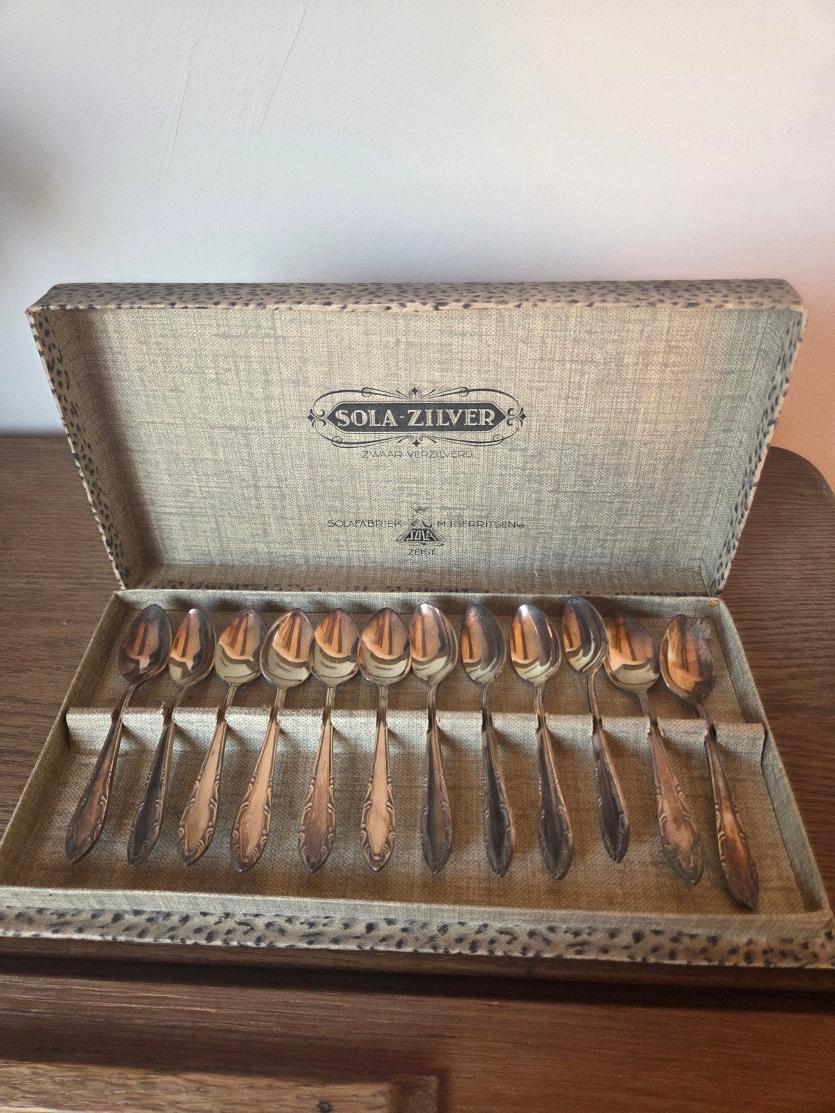 Vintage Sola Zwaar verzilverd lepelset- 12 lepels, Antiek en Kunst, Ophalen of Verzenden