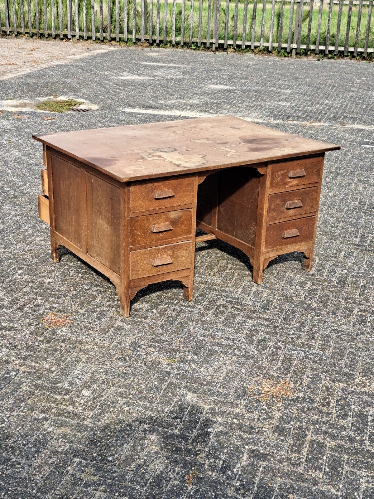 Vintage Houten Duobureau met Orginele Lades, Huis en Inrichting, Ophalen, Antiek, Bruin, 102 cm