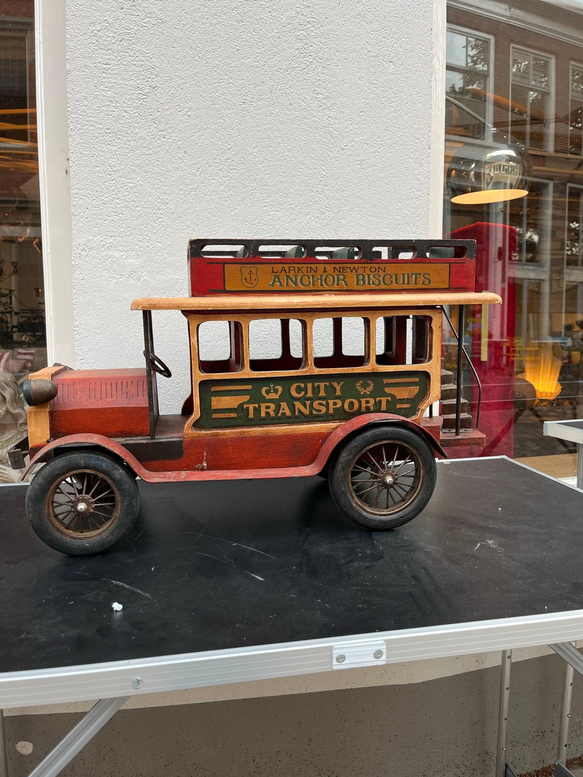 Vintage houten dubbeldekker bus model - decoratie, Verzamelen, Ophalen of Verzenden, Gebruikt