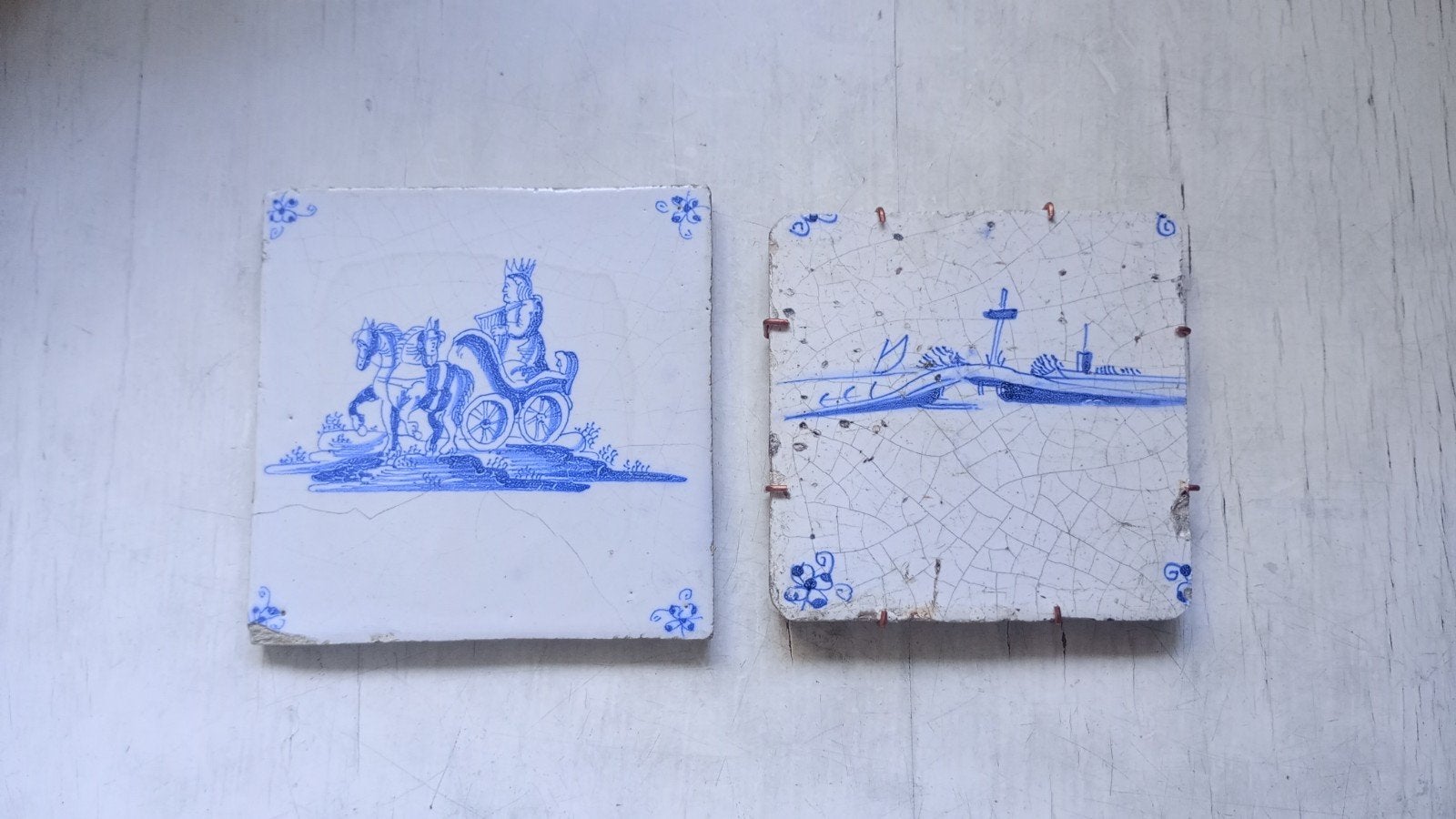 Antieke Delfts Blauwe Tegels - Koningin & Schip, Ophalen of Verzenden