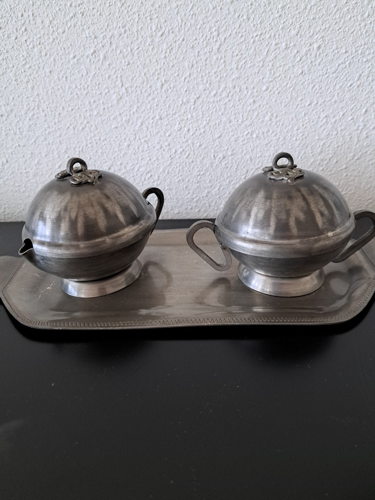 Tinnen set melkkannetje en suikerpotje, Antiek en Kunst, Antiek | Tin, Ophalen of Verzenden