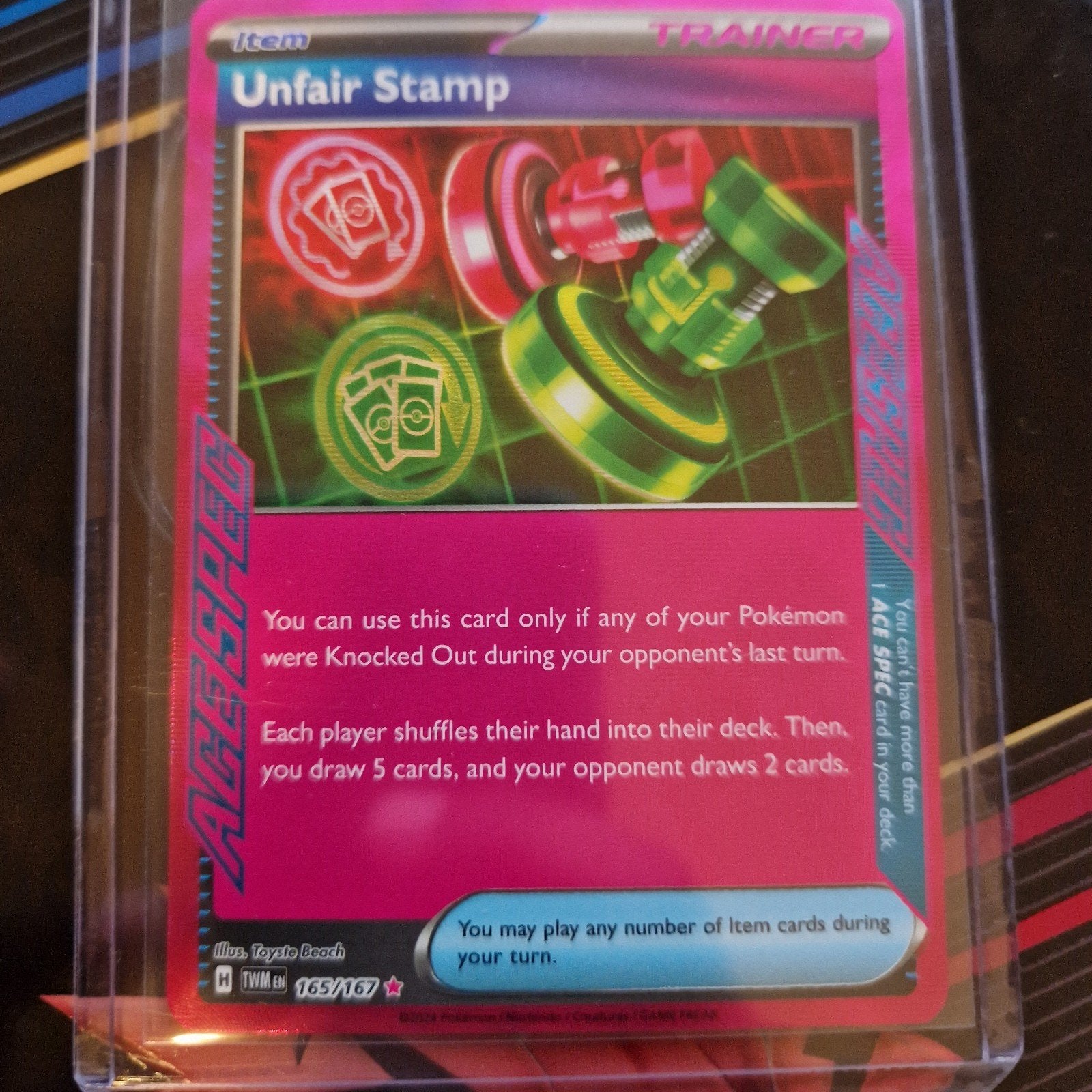 Pokémon TCG: Unfair Stamp Trainer Kaart (ACE SPEC), Ophalen of Verzenden, Zo goed als nieuw, Losse kaart