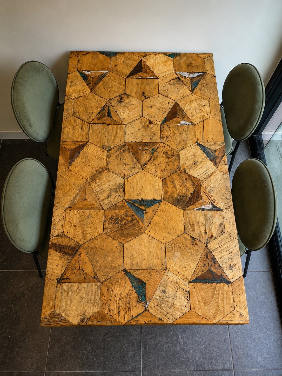 Unieke houten eettafel met mozaïekpatroon, Huis en Inrichting, Ophalen, Gebruikt, 100 tot 150 cm, 50 tot 100 cm