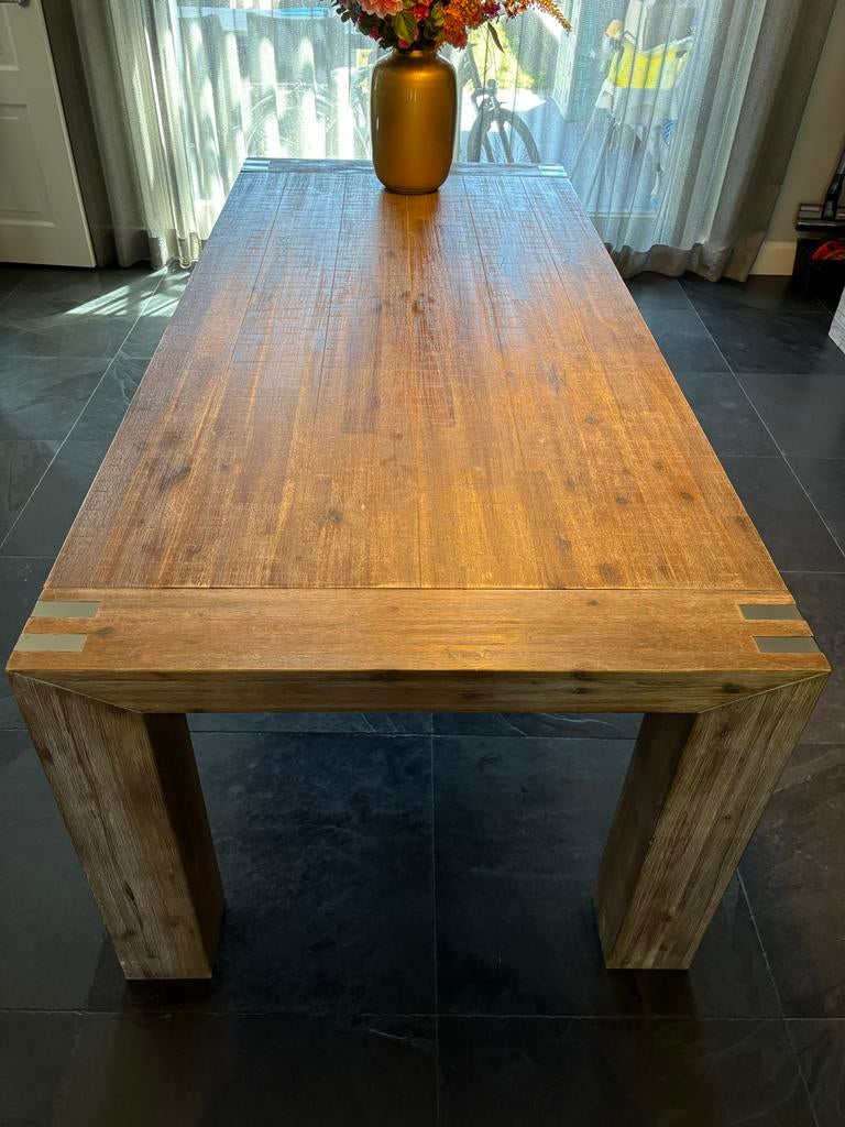 Robuuste acaciahouten eettafel 220x100x78 cm, Huis en Inrichting, Tafels | Eettafels, Ophalen, Gebruikt, 100 tot 150 cm, 200 cm of meer