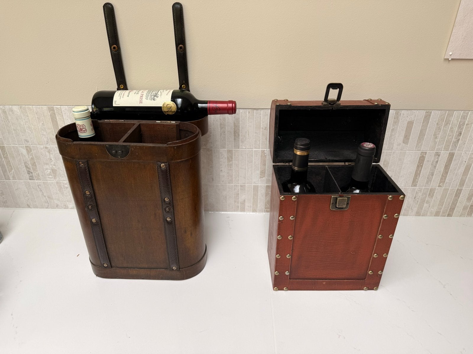 Set van 2 houten wijnkisten/flessenhouders, 50 – 75, Gebruikt, Ophalen of Verzenden, Minder dan 5 flessen