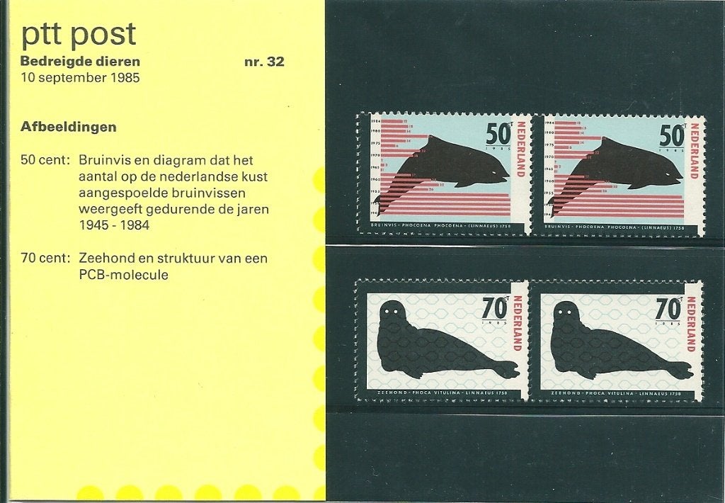 Postzegelmapje nummer 32 - Bedreigde dieren - jaar 1985., Verzenden, Na 1940, Postfris