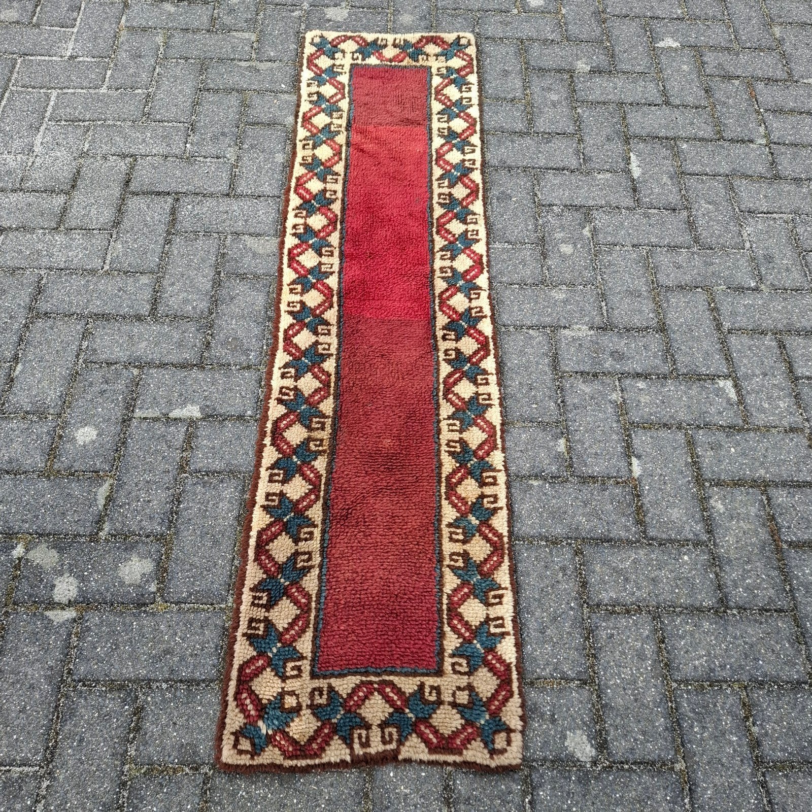 Vintage handgeknoopt wollen tapijt loper 157x41 cm, Huis en Inrichting, Gebruikt, Groen, Vintage, 200 cm of meer
