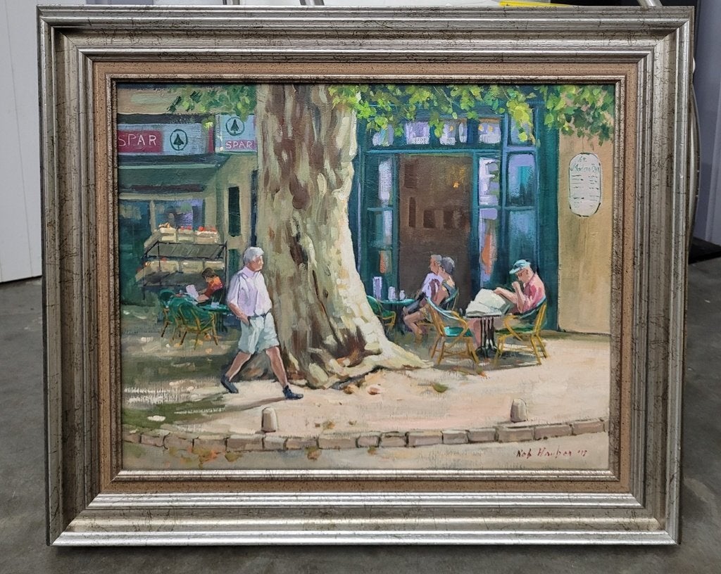 Robert HAUBEN, genieten op een zonnig terras, Doek, Ophalen of Verzenden, Gedateerd, Olieverf