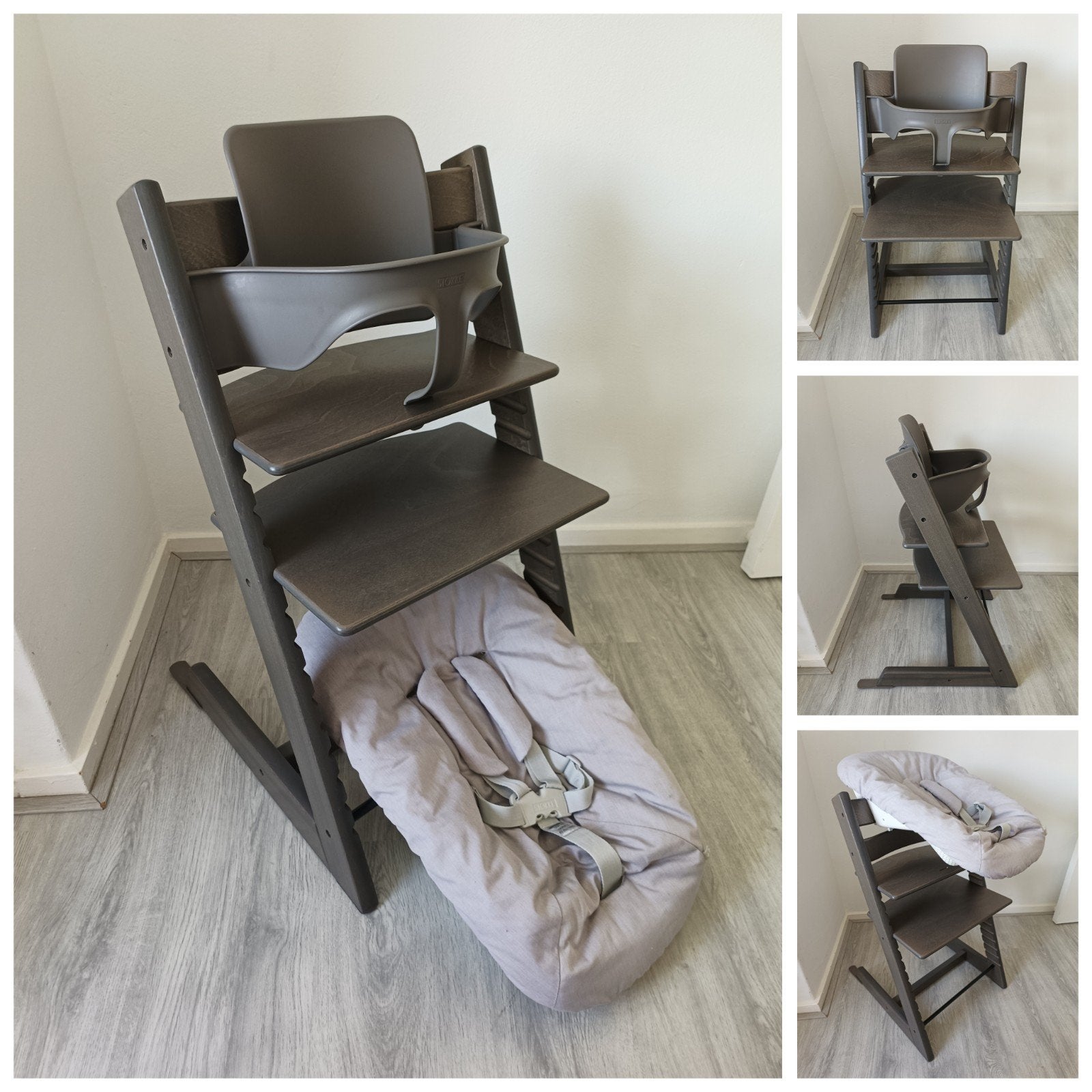 ZGAN! Stokke Tripp Trapp hazy grey+babyset,2 standen newborn, Meegroeistoel, Ophalen of Verzenden, Zo goed als nieuw, X