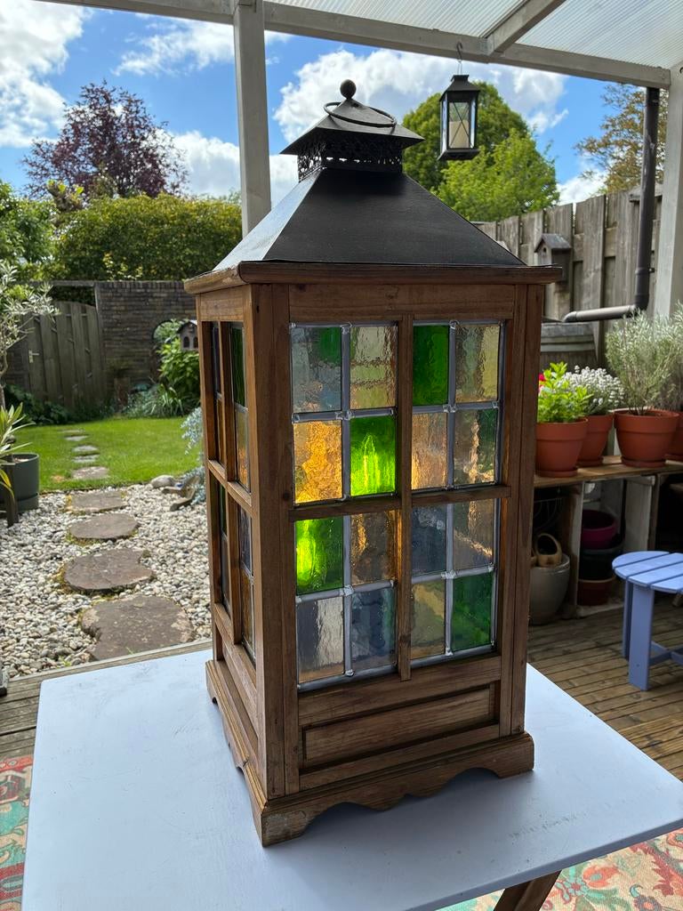 Unieke houten lantaarn met nieuwe glas-in-lood ramen, Ophalen, Minder dan 50 watt, Led, Hout