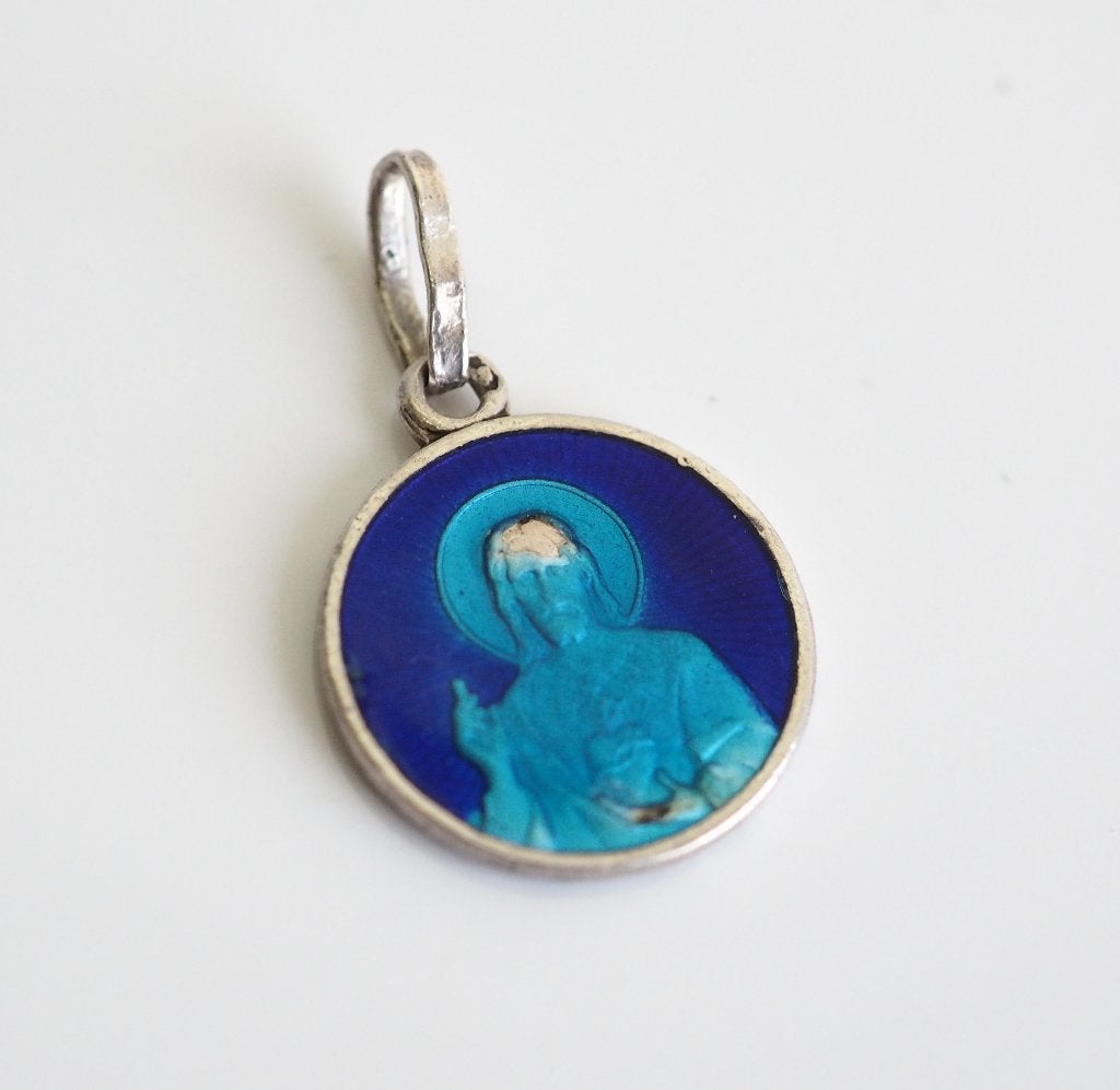 Zilveren en emaille hanger Jezus en Maria, Gebruikt, ., Ophalen of Verzenden, .