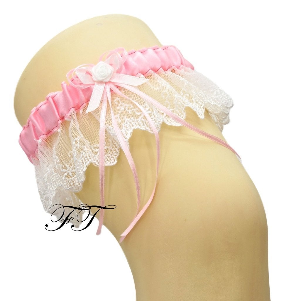 Schitterende bruid kousenband lichte roze met witte kant., Ophalen of Verzenden, Nieuw
